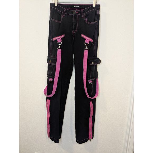 Vintage 90s Y2K HOT TOPIC Trip Rave Cargo Pants Stars Pink Black Womens Size 9 - Picture 2 of 10
